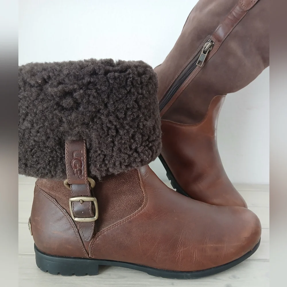 UGG Women's Brown LEATHER Bellvue Ankle Tall SHEARLING Cuff BOOTS shoes Size 8.5 - Picture 4 of 14